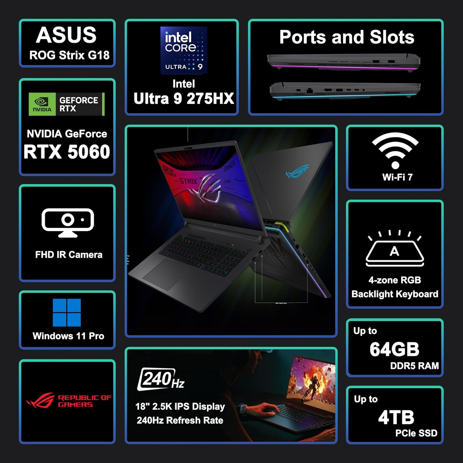 ASUS ROG STRIX G815LM-IS96 (Core ULTRA 9 275HX, 1TB NVME/32GB DDR5, 18" 2.5K WQXGA (2560 x 1600) 240HZ, RTX 5060 8GB, WIN 11) - Image 6